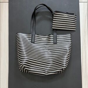 Reversible Kate Spade Black and White Striped Tote with Pouch